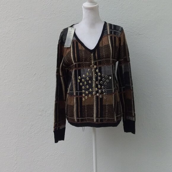 Anthropologie Solitaire Sweater Size Small Black Beige Plaid Silver Star New - Picture 1 of 5